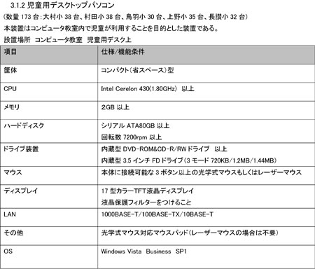 児童用デスクトップパソコン 仕様/機能条件